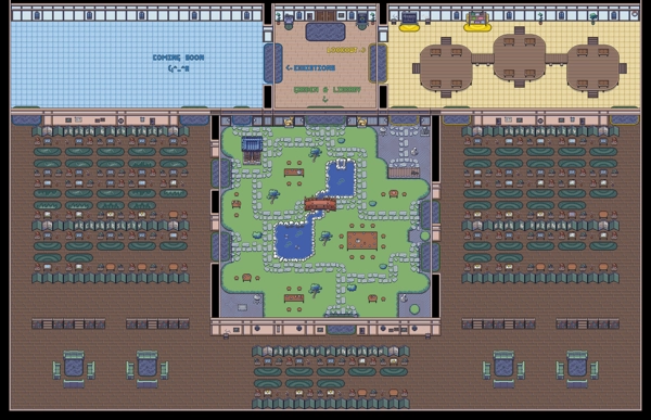 Screenshot of the Responsible Tech Library, a 2D pixel space with multiple rooms where resources are presented as pixel objects.